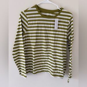 NWT Lands' End Olive Green & White Striped Crewneck Long Sleeve Supima Cotton